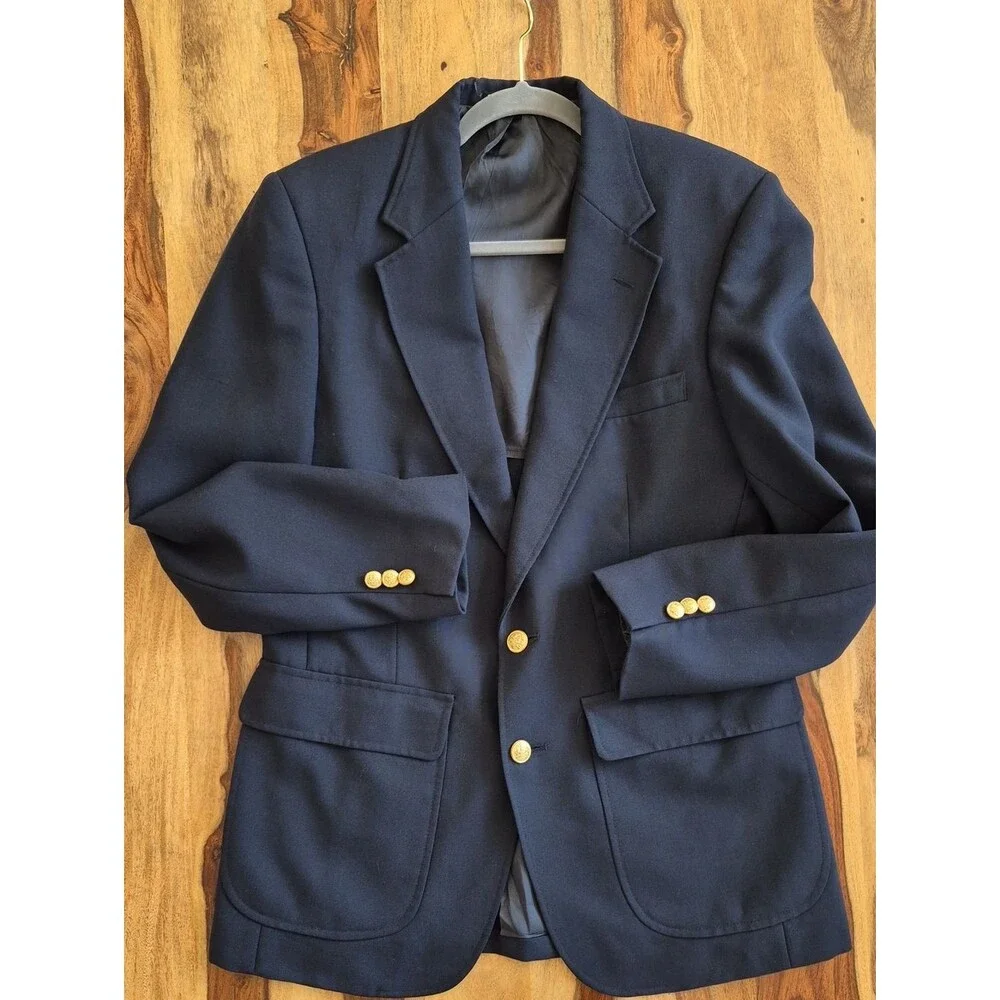 Stafford Vtg. Wool Smooth Blazer with Gold Medallion Buttons Size 40 R